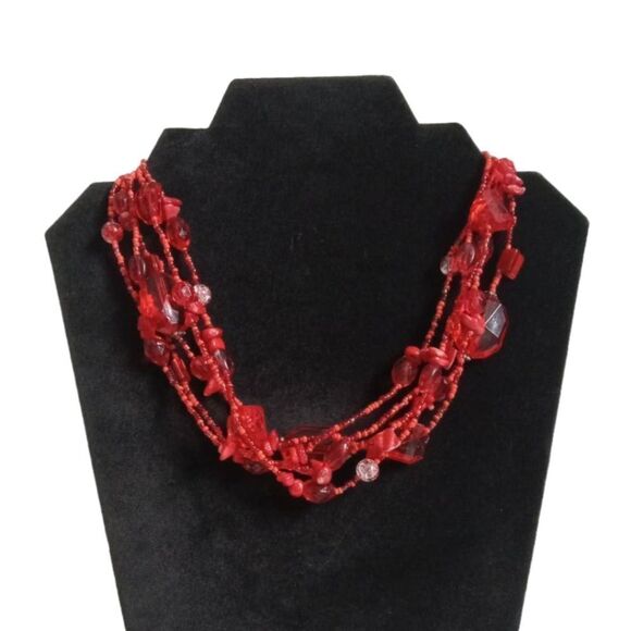 Shades of Red Transparent Assorted Beads Multi Strand Statement Layered Necklace - Picture 1 of 10